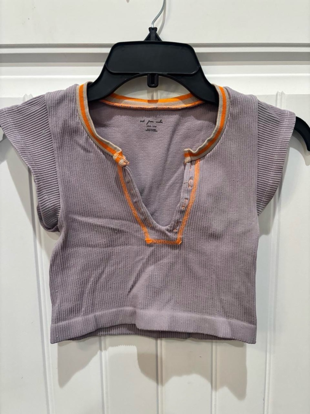 Out From Under by Urban Outfitters. Purple, ribbed crop top with orange trim.